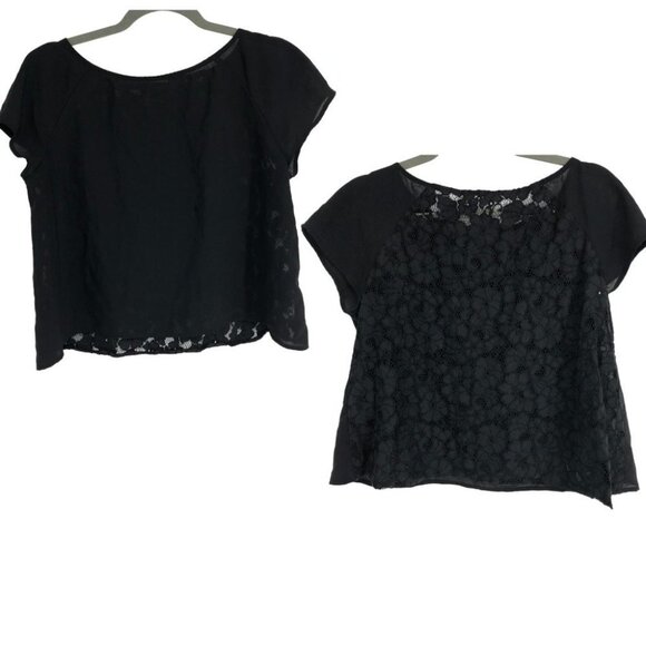 BB Dakota black short sleeve t-shirt cropped floral lace sheer back size M - Picture 8 of 8